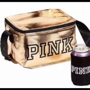 Pink Victoria Secret cooler lunch bad with koozie